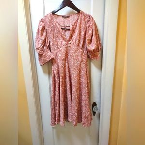 NEW: Puff sleeve button front all-over print dress in red